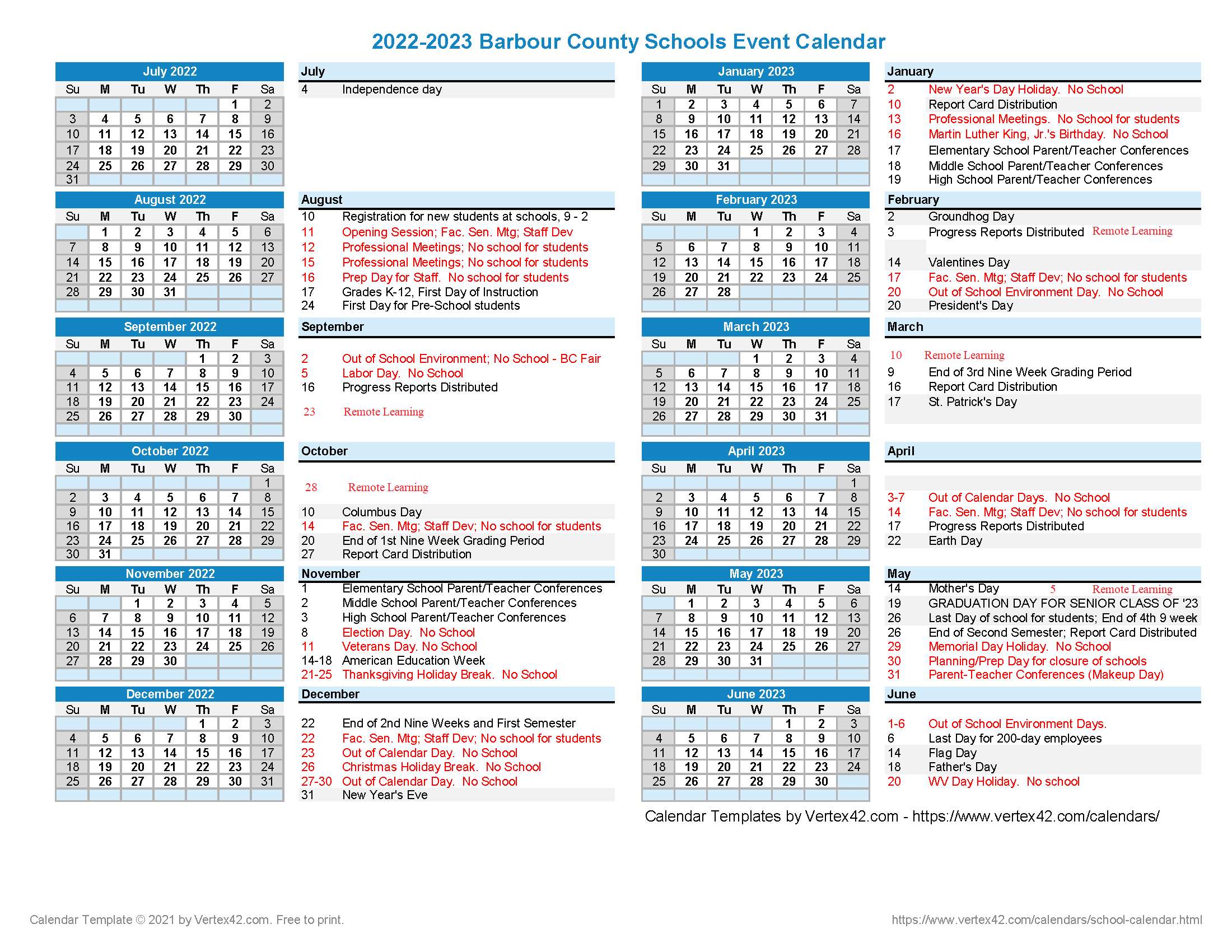 Barbour County Schools Calendar 2022 and 2023