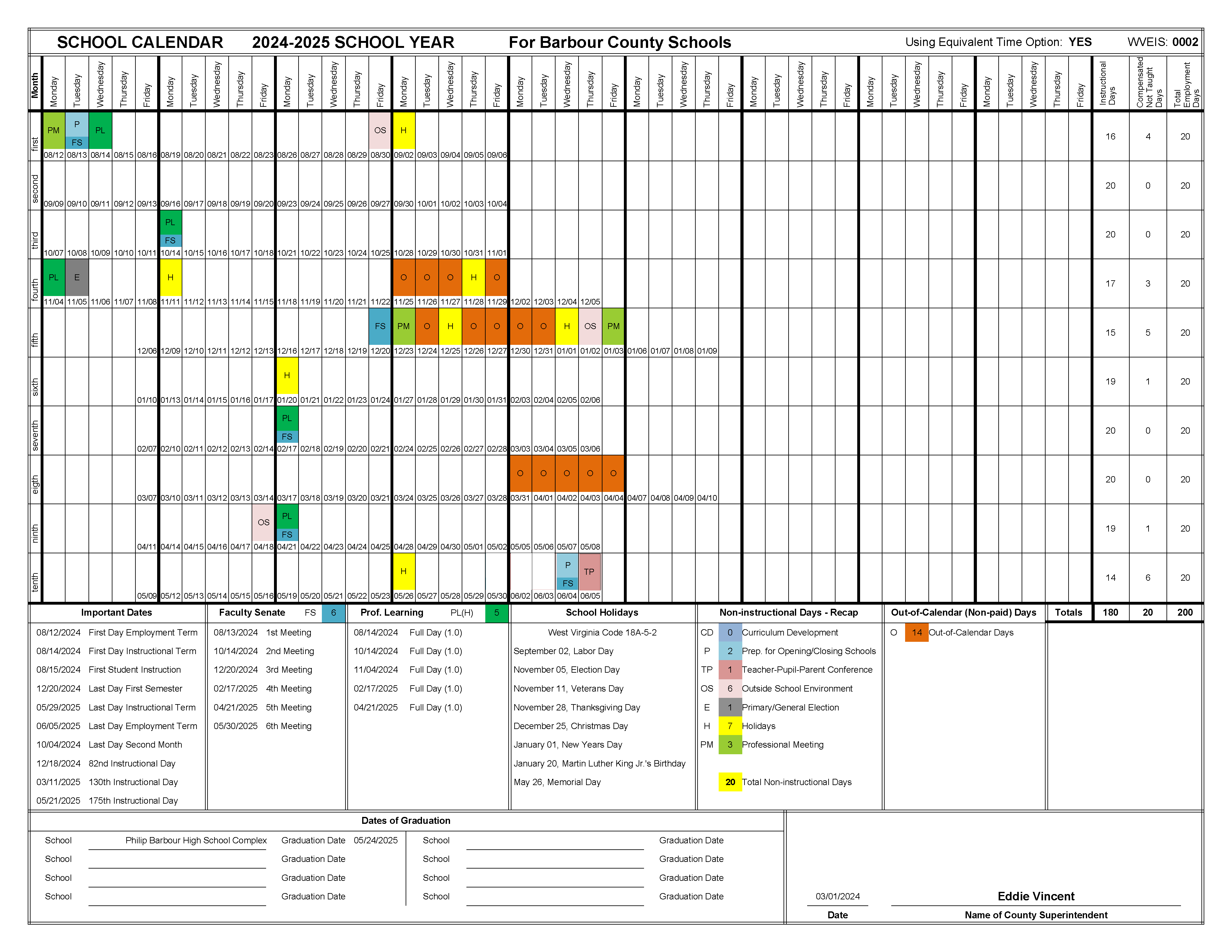 2024-2025 School Calendar