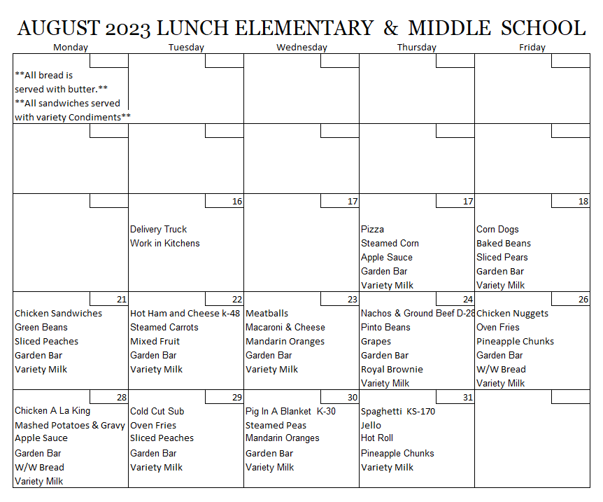 August 2023 Elementary & Middle Lunch Menu