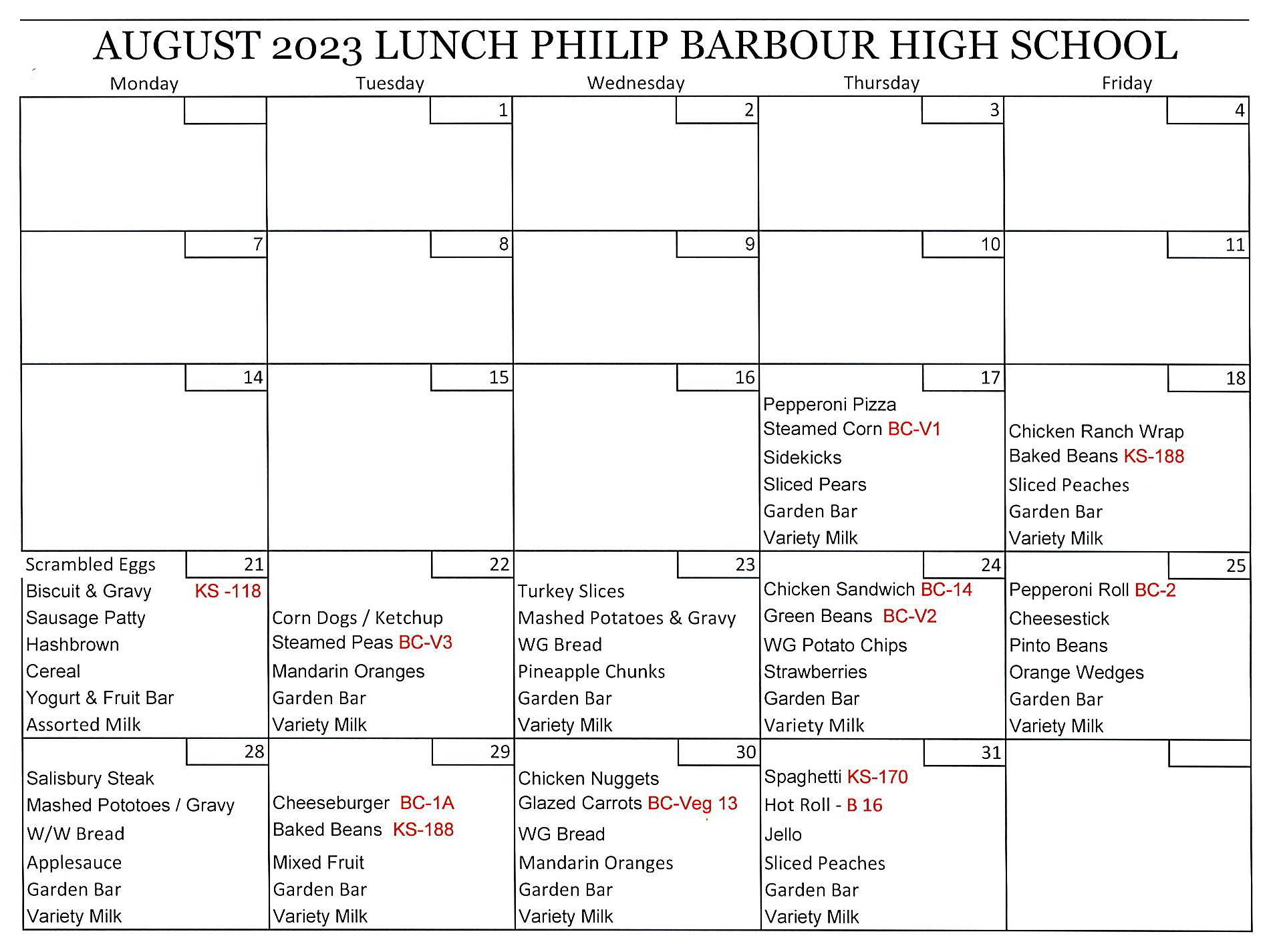 August 2022 High School Lunch Menu
