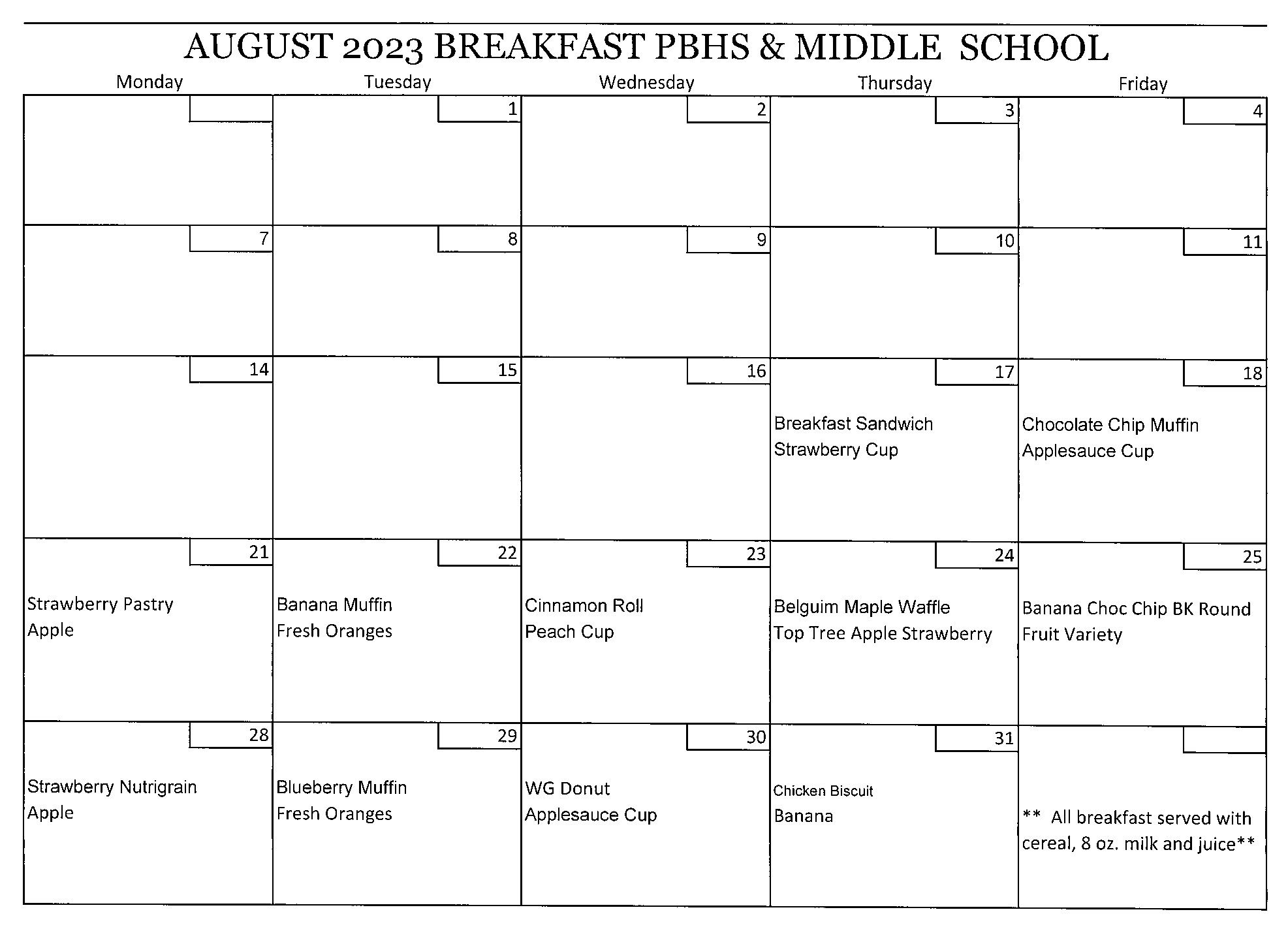 August 2023 Middle & High School Breakfast Menu