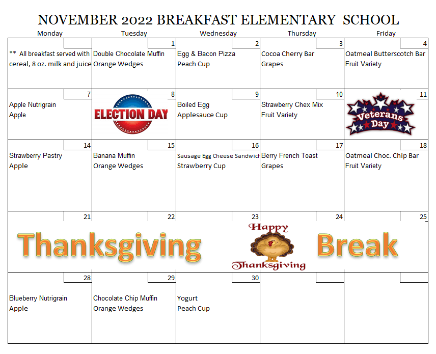 November 2022 Elementary Breakfast Menu