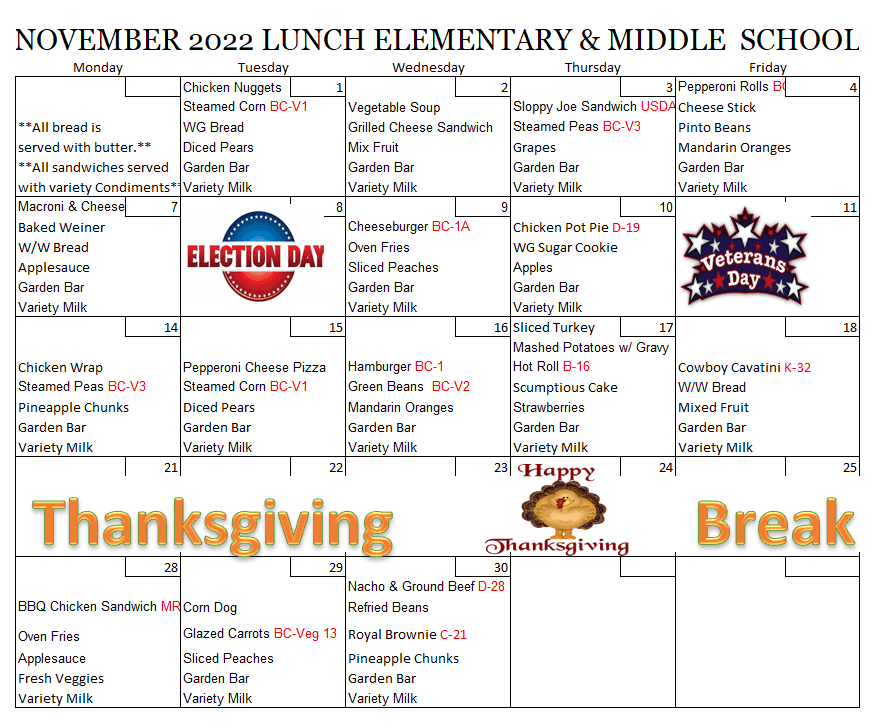 November 2022 Elementary & Middle Lunch Menu