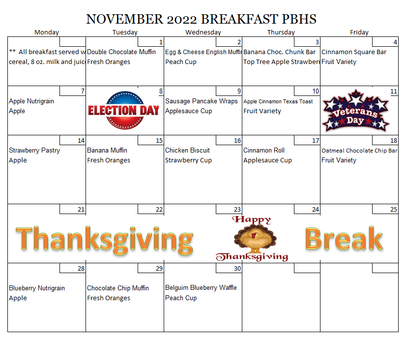 November 2022 High School Breakfast Menu