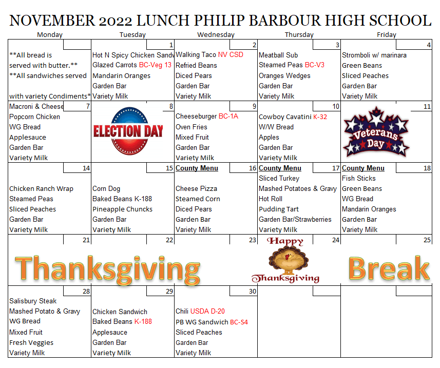 November 2022 High School Lunch Menu