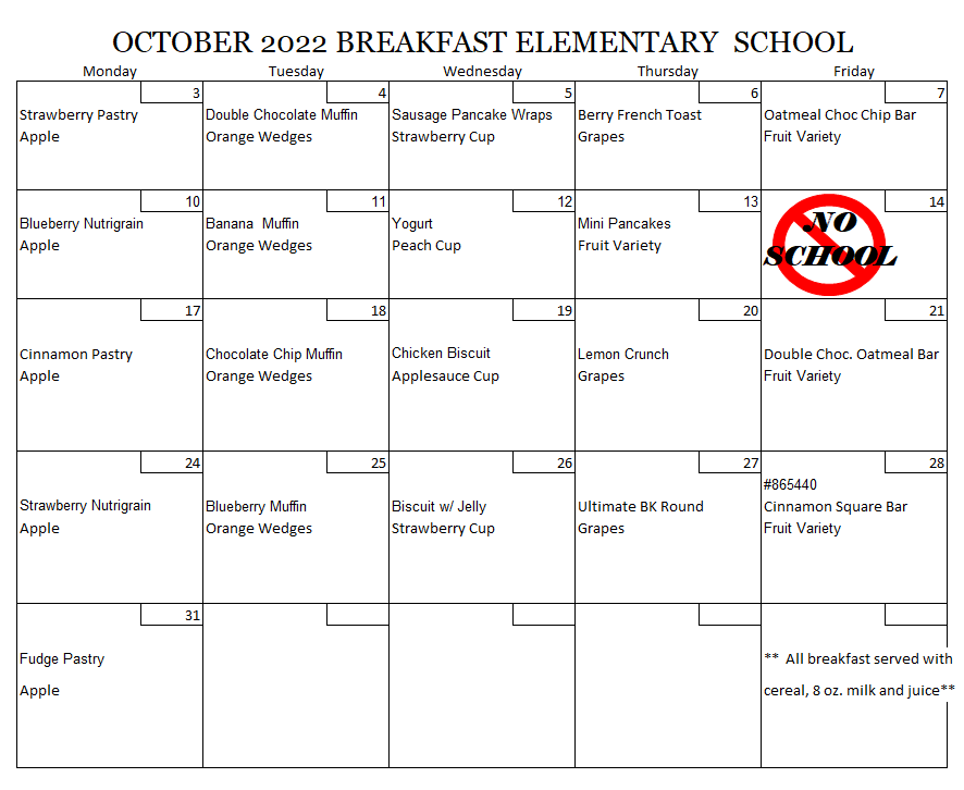 October 2022 Elementary Breakfast Menu