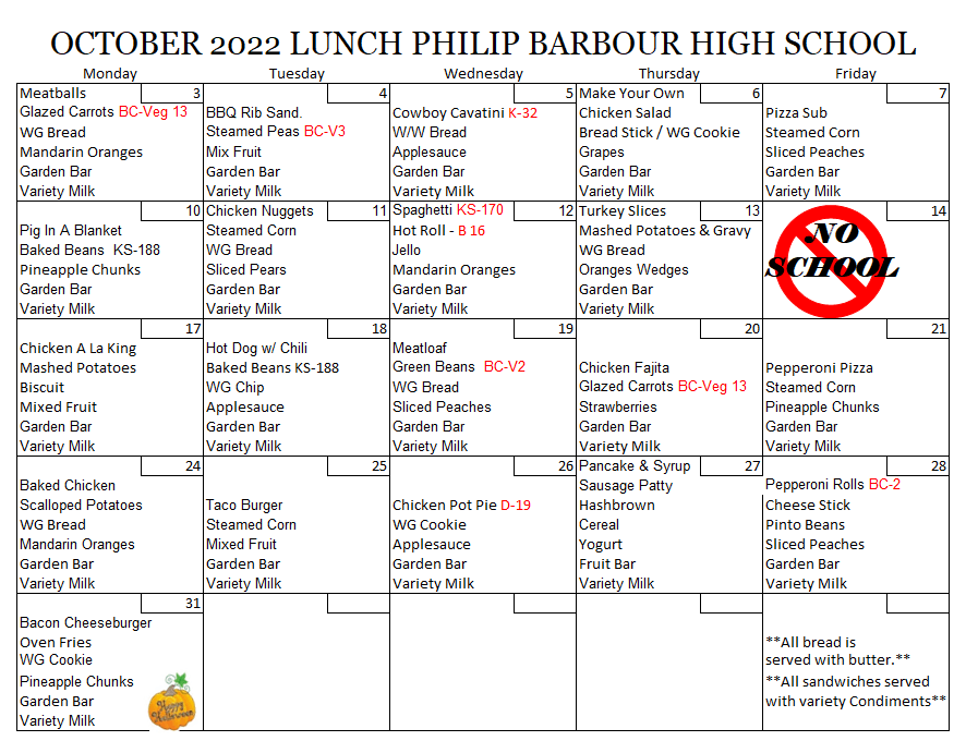 October 2022 High School Lunch Menu