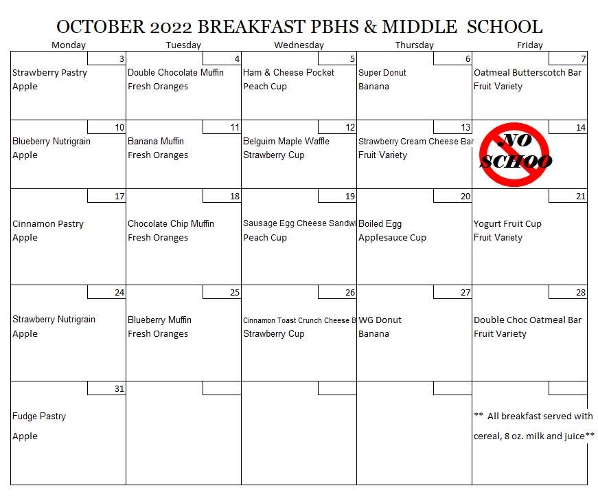 October 2022 Middle & High School Breakfast Menu