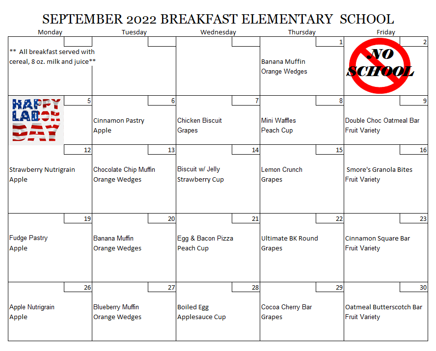 September 2022 Elementary Breakfast Menu
