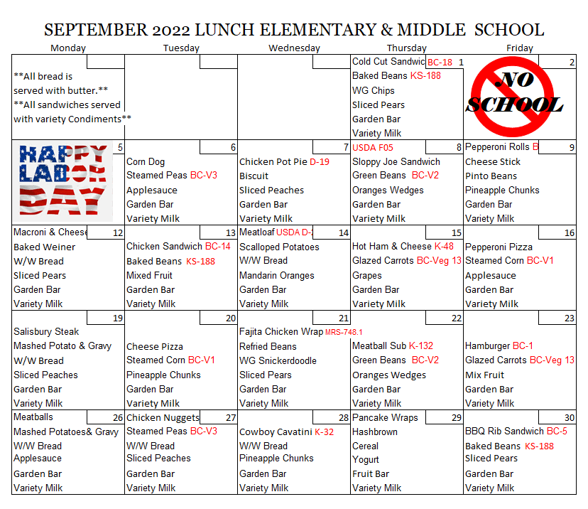 September 2022 Elementary & Midde Lunch Menu